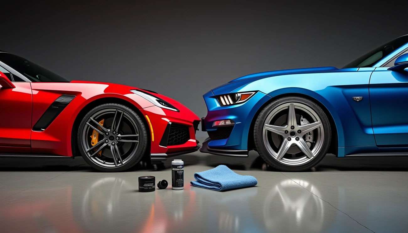 Front side view of red and blue sports cars facing each other with wheel care products and a microfiber cloth on the floor