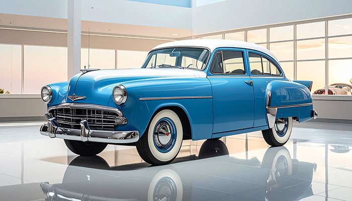 1951 Ford Victoria classic car in blue with white roof and whitewall tires displayed indoors on checkered floor