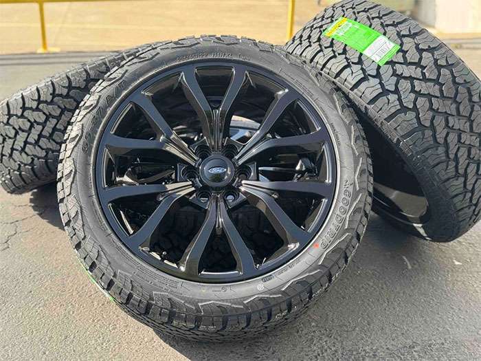 Set of 22-inch black Ford wheels with Goodyear tires designed for 2004-2025 F-150 and Expedition models