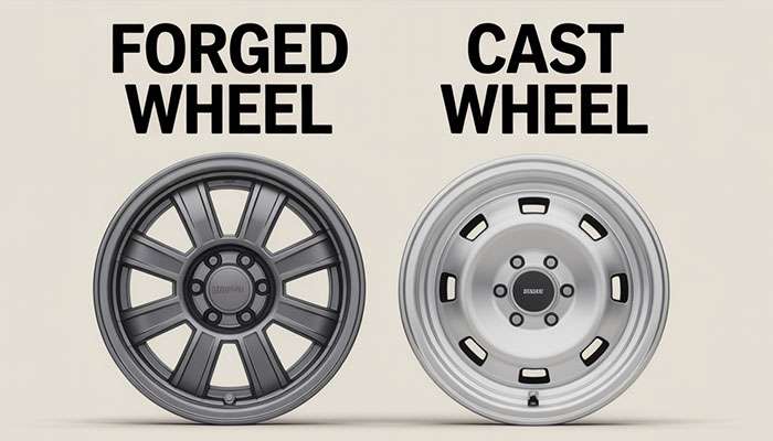 Side-by-side comparison of a dark forged wheel and a lighter cast wheel with FORGED WHEEL and CAST WHEEL labels