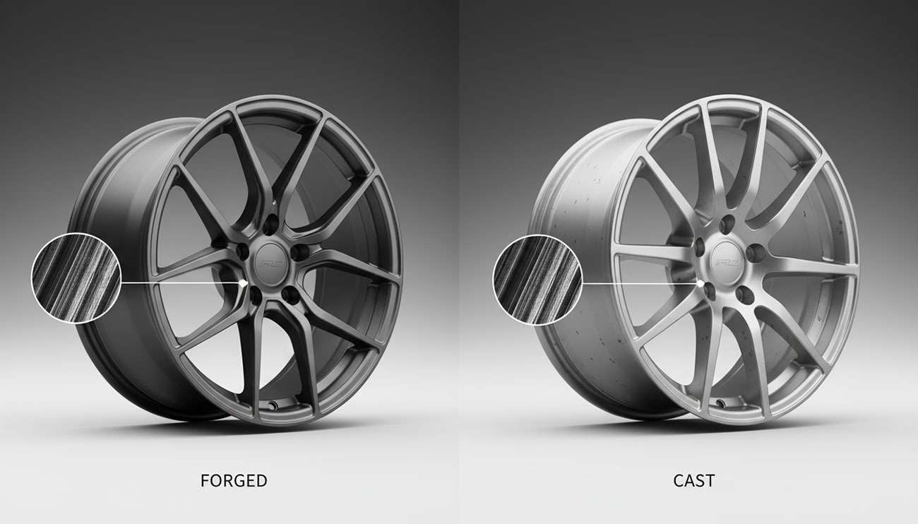 Comparison of forged wheel versus cast wheel showing manufacturing differences and structural integrity