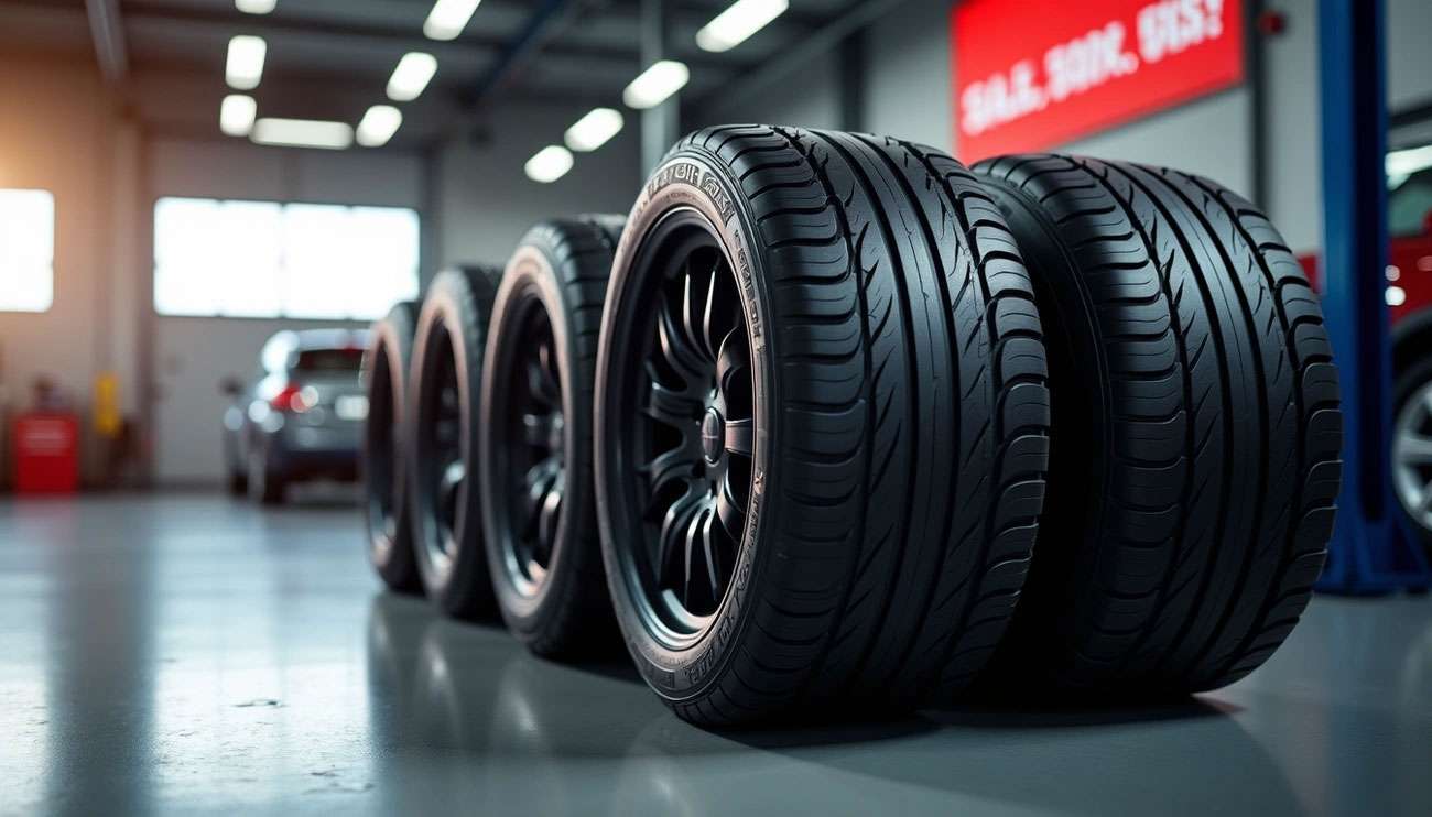 Four new car tires lined up in a well-lit auto repair shop with a vehicle in the background