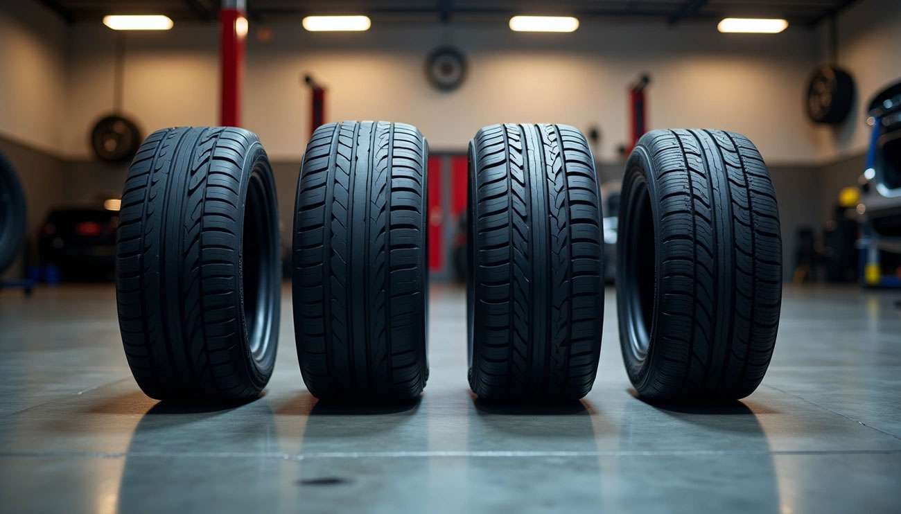 Four new car tires standing upright on a garage floor with a blurred workshop background