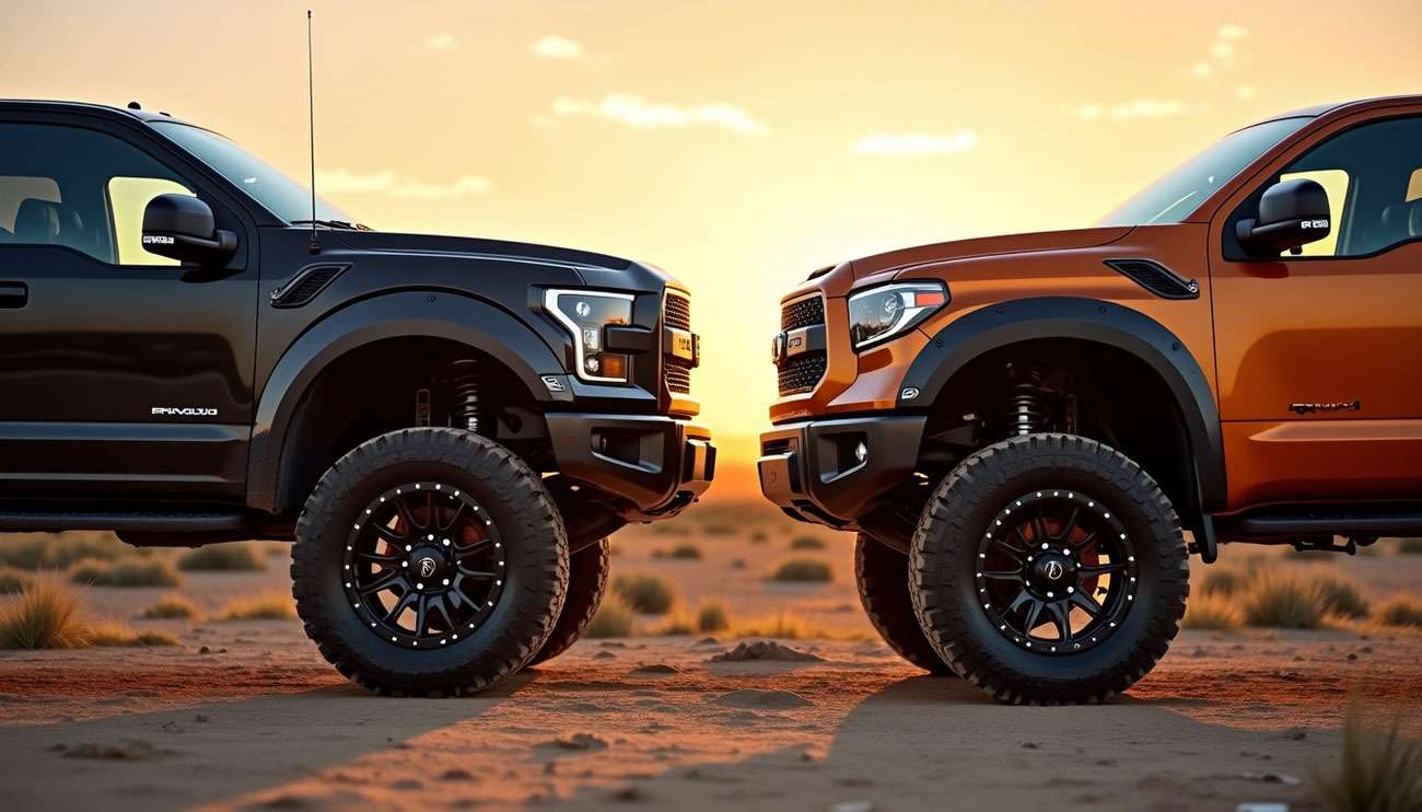 Two off-road trucks with Fuel and Method wheels face each other at sunset in a desert landscape.
