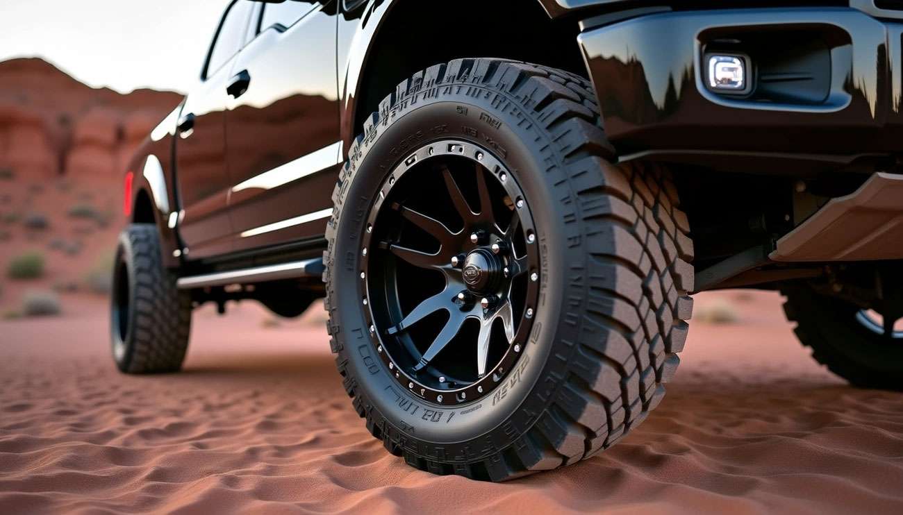 Close-up of a black truck's rugged Fuel off-road wheel and tire on red desert sand at sunset.