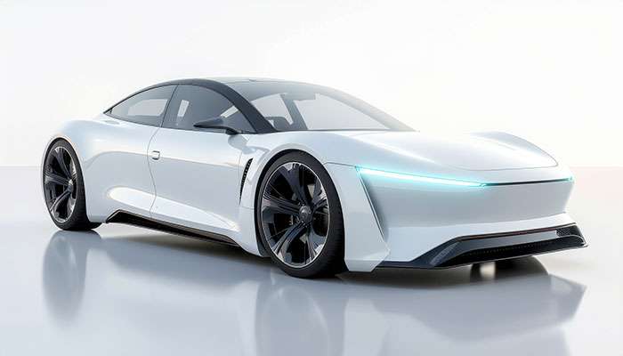 Futuristic concept car featuring sleek design and glowing illuminated accents along its body and wheels