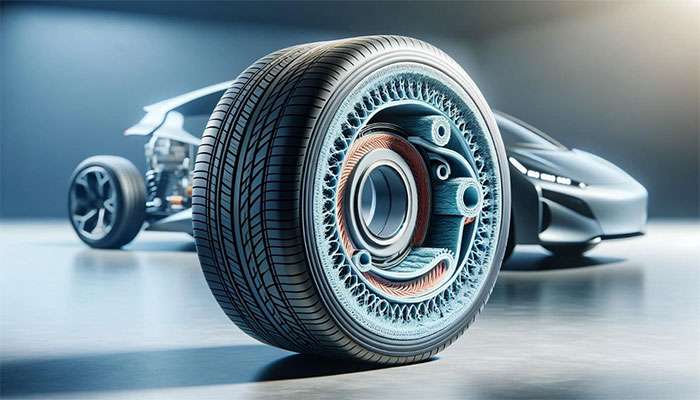 Close-up of a futuristic EV tire highlighting its advanced internal structure with a sleek electric car in the background.