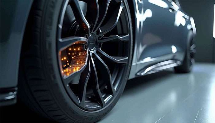 Close-up of a car tire showcasing advanced self-healing rubber technology with glowing internal sensors