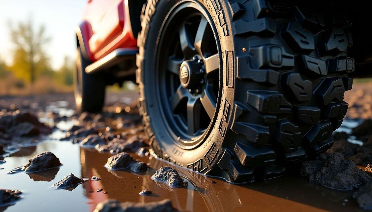 Close-up of a rugged General Tire on a muddy, rocky trail with a red off-road vehicle in the background