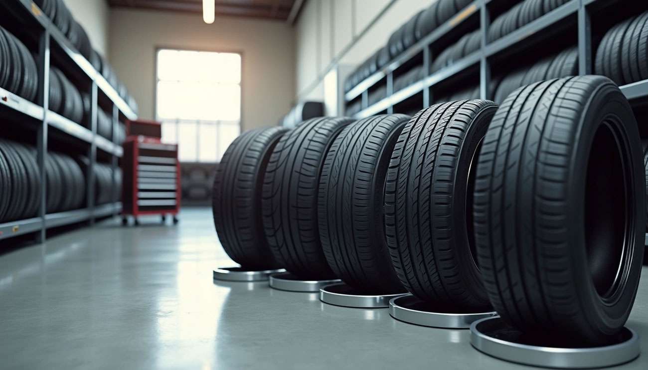 Row of new black tires displayed in a bright, organized tire shop with shelves full of additional tires