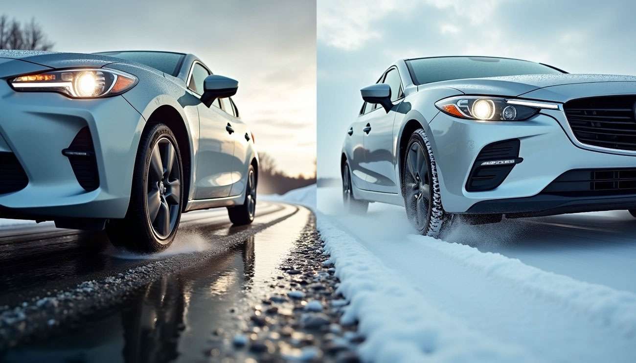Two white cars driving side by side on icy, wet, and snowy roads, highlighting all-weather tire performance