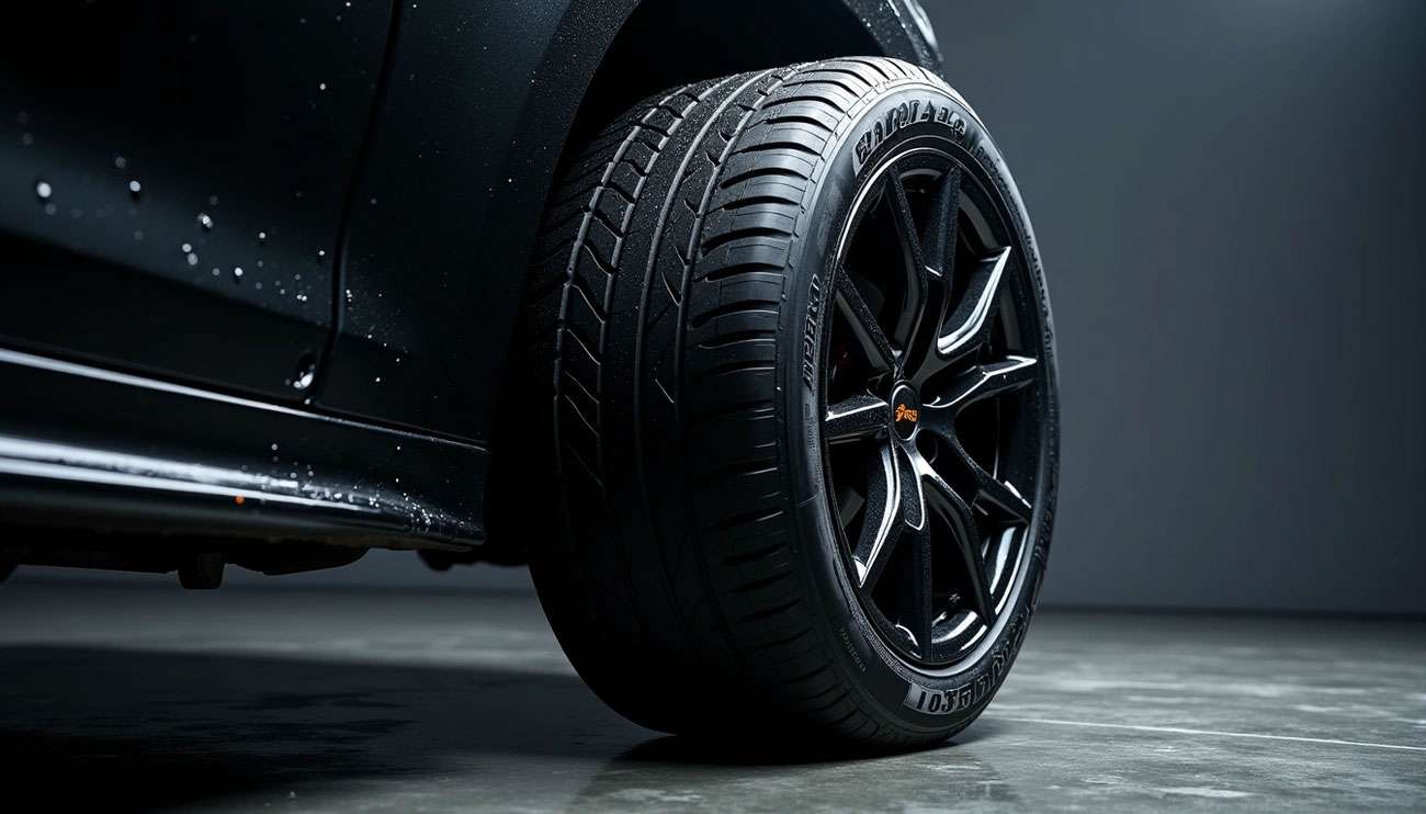 Close-up of a Goodyear tire mounted on a black car against a dark background, highlighting tread and rim design