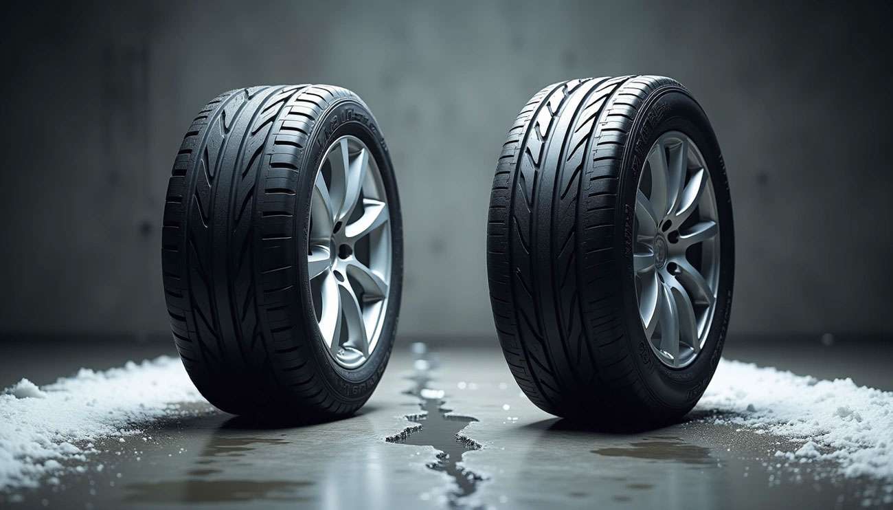 Two tires side by side on a wet floor with snow piles, symbolizing a Goodyear vs Michelin tire performance comparison