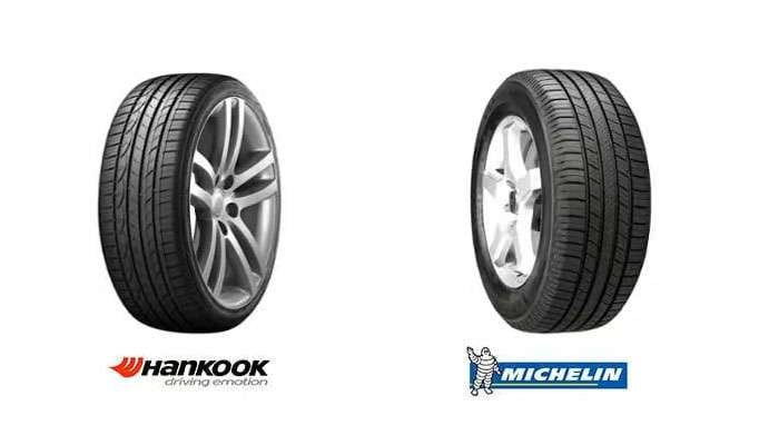 Comparison image of Hankook and Michelin tires side by side with logos