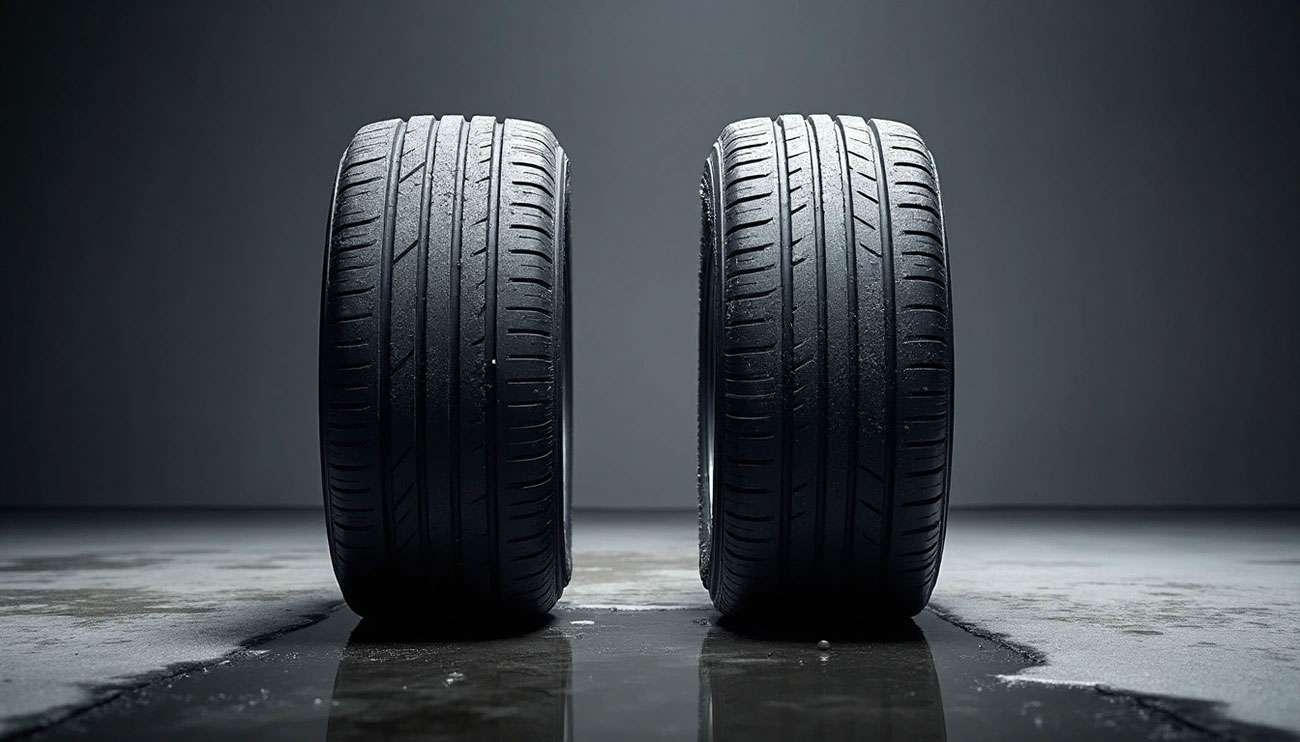Two car tires standing side by side on a wet concrete floor against a dark background, highlighting tread patterns.