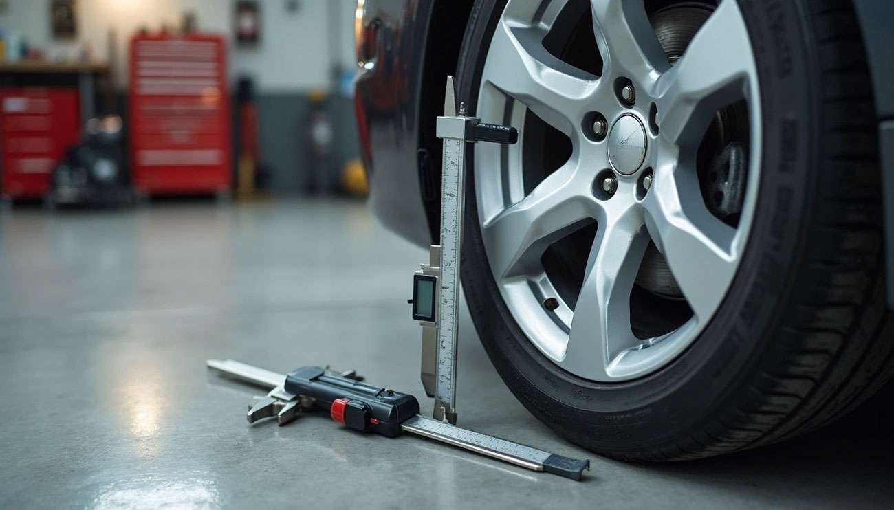 Digital calipers measuring the diameter of a silver car wheel rim in a garage setting with red tool cabinets in the background.