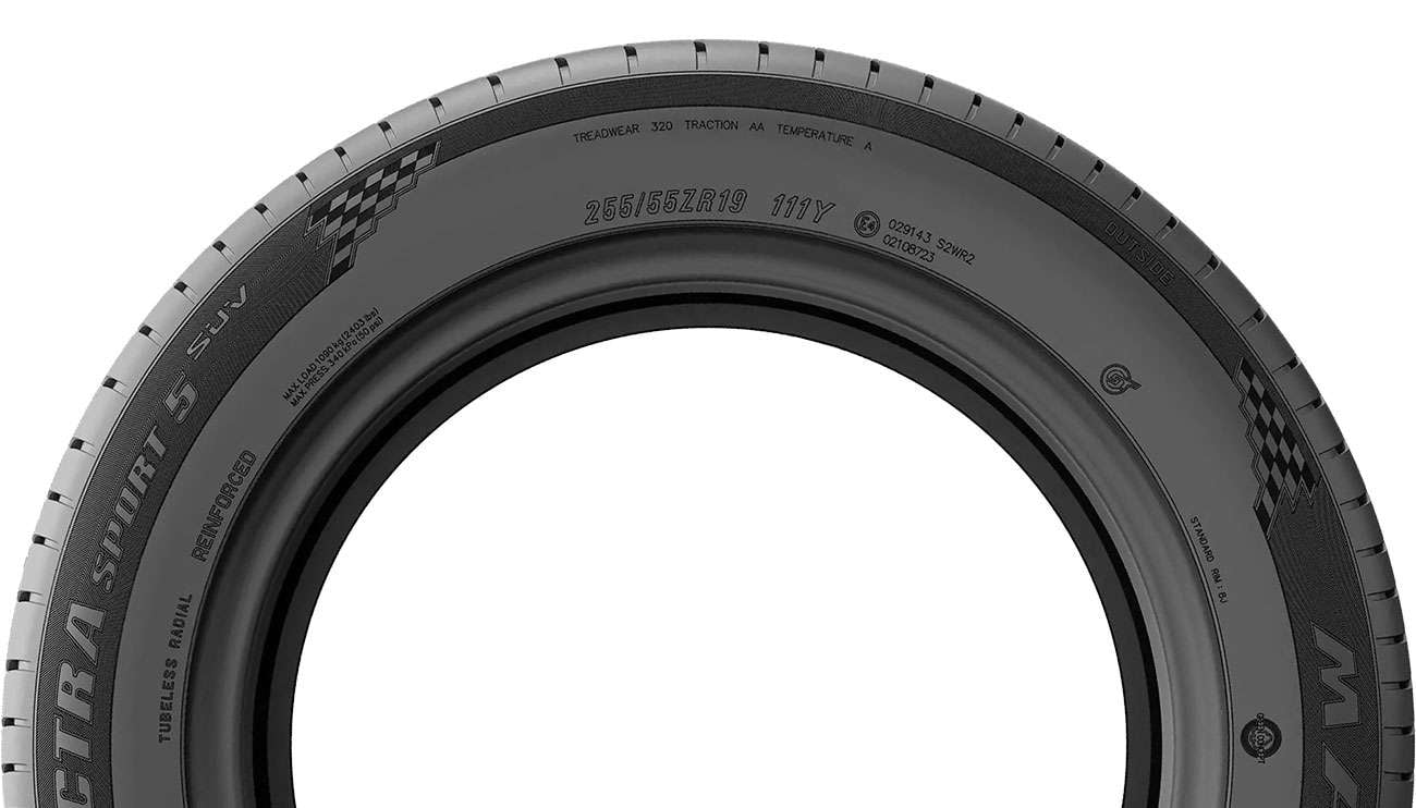 Close-up of a high-performance car tire and rim on a textured asphalt road surface