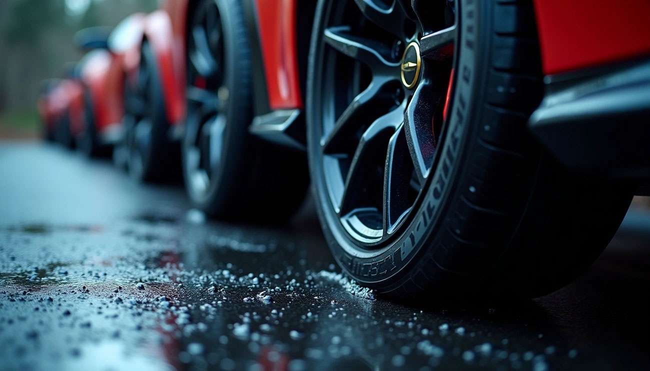 Close-up of high-performance car tires on wet asphalt with multiple red sports cars lined up in the background.