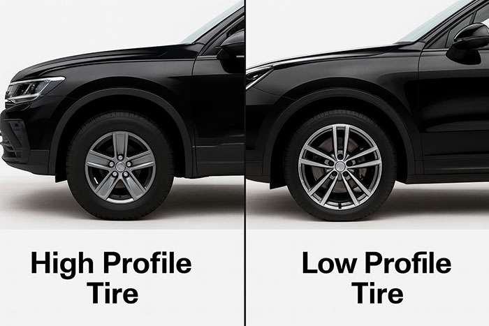 Side-by-side comparison of a car with a high profile tire and a low profile tire
