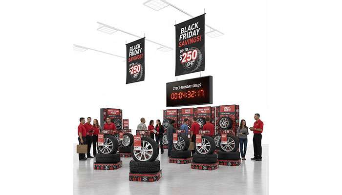 Automotive store displaying Black Friday and holiday tire sale promotional banners with special pricing offers