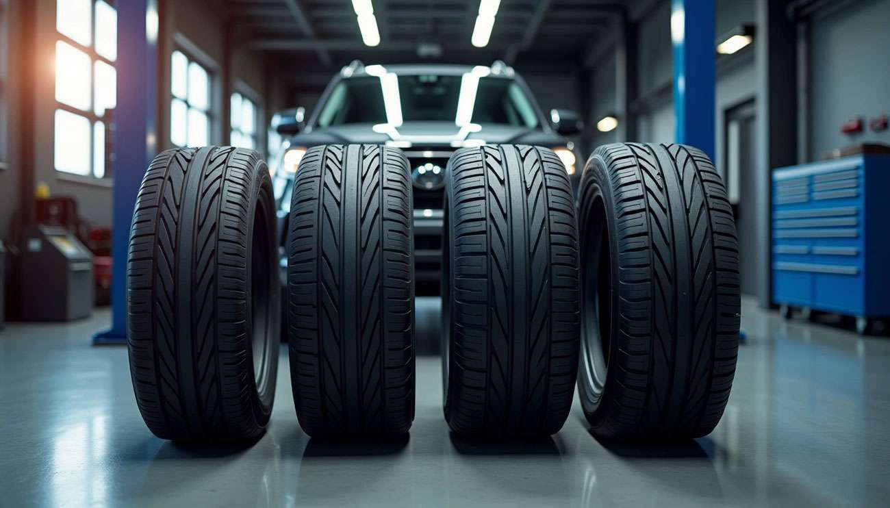 Four new tires lined up in a shop — 2025 tire prices