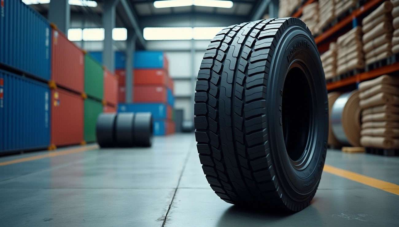 Close-up of a tire in a warehouse with shipping containers and industrial supplies in the background.