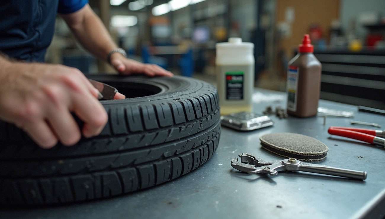 Mechanic repairing a tire with specialized tools and patching materials on a workshop table in the background.