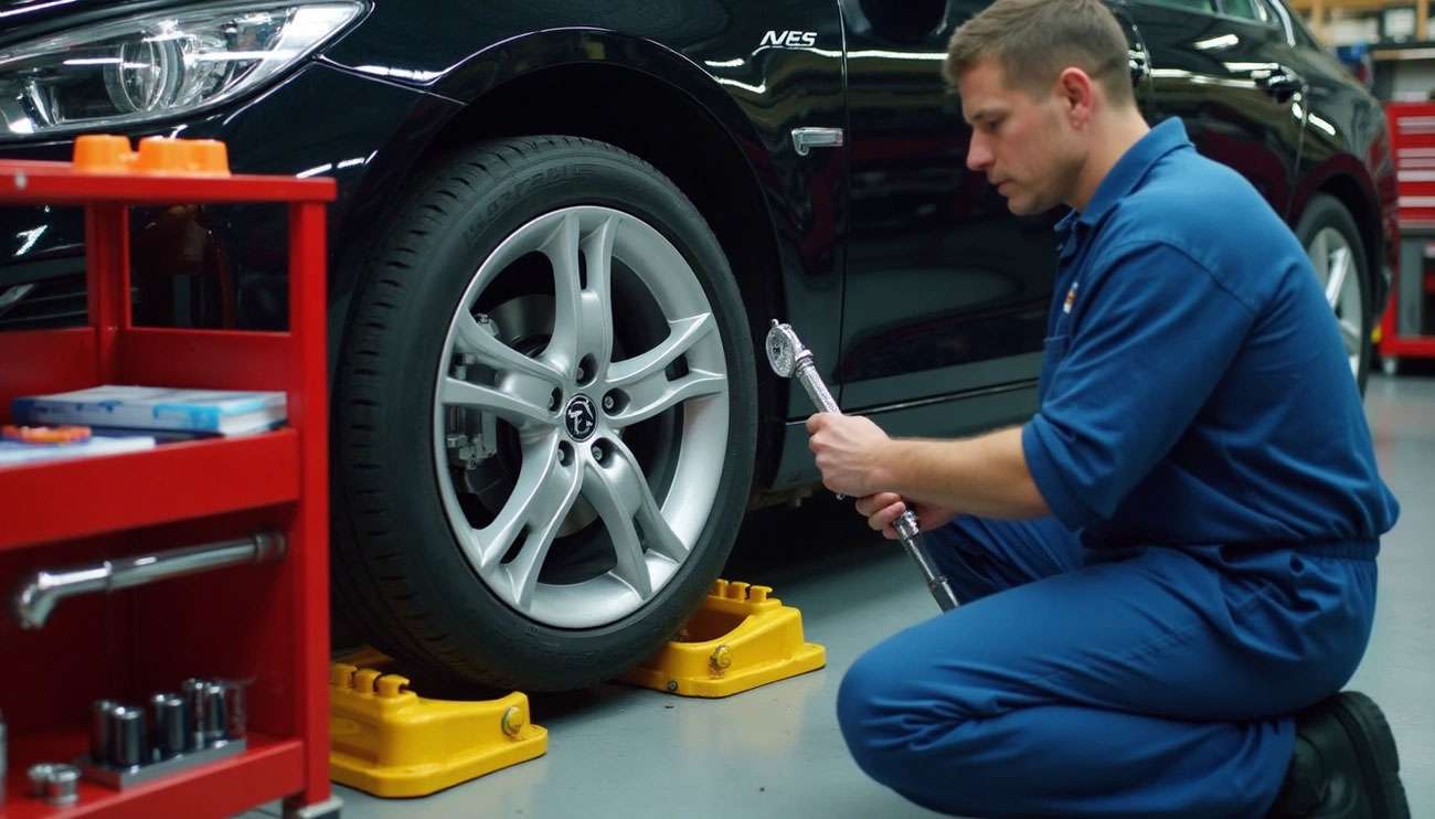 Mechanic in blue coveralls kneeling and using a torque wrench on a black car's lug nuts in a garage.