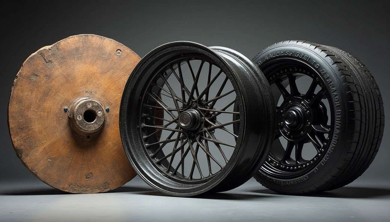 Three wheels showing evolution from a wooden stone disk to a spoked metal wheel and a modern rubber tire with alloy rim.