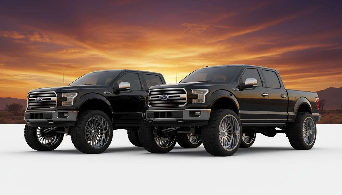 Two black Ford trucks with oversized rims parked at sunset, highlighting the trend of large rims on trucks