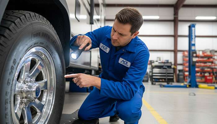 Mechanic inspecting tire sidewall for bulges, cracks, and date codes to identify dangerous tire conditions