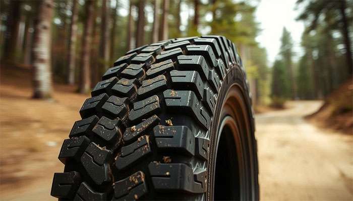 Rugged Ironman tire with deep treads being tested on forest dirt road