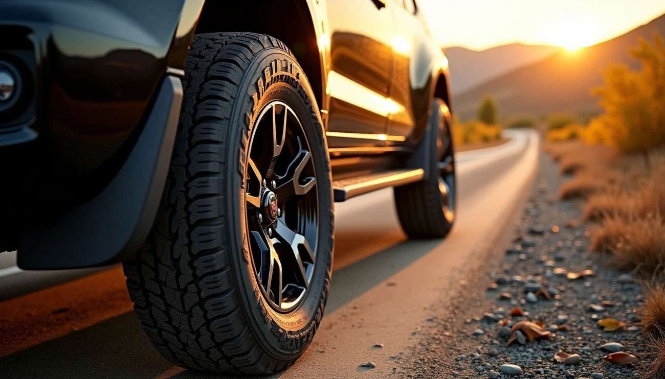 Ironman tire mounted on vehicle driving on sunlit mountain road showcasing tire tread detail
