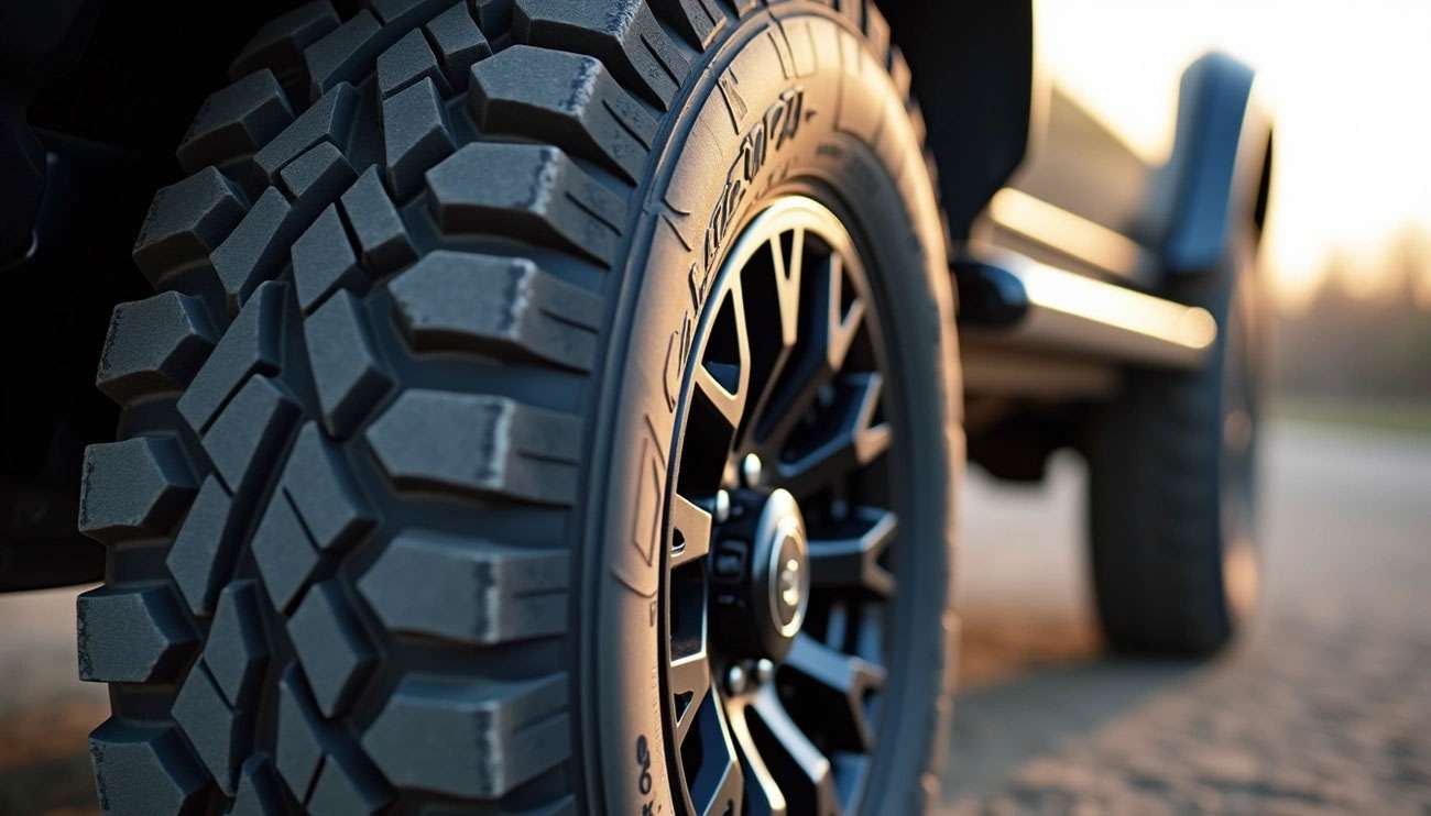 Close-up of a rugged Kenda off-road tire mounted on a black alloy wheel of a vehicle at sunset