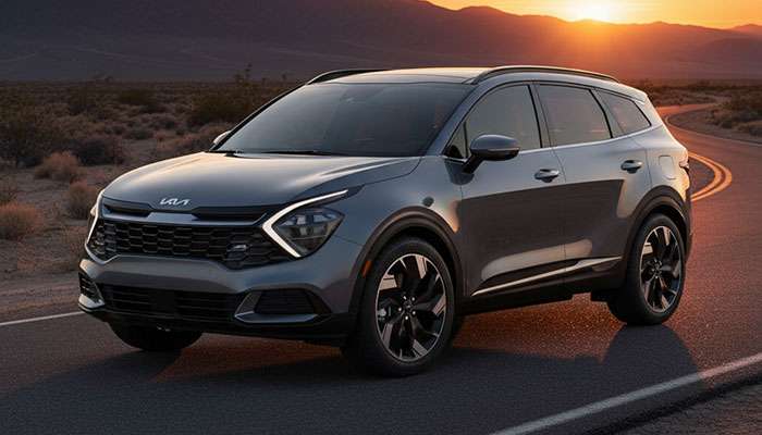 2026 Kia Sportage Plug-in Hybrid crossover SUV with black wheels at sunset demonstrating modern styling versatility