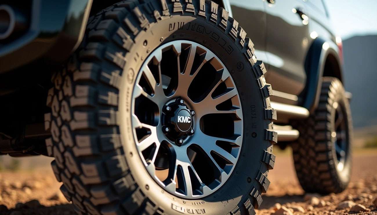 Close-up of a rugged off-road tire with a KMC branded rim on a vehicle parked on a dirt road