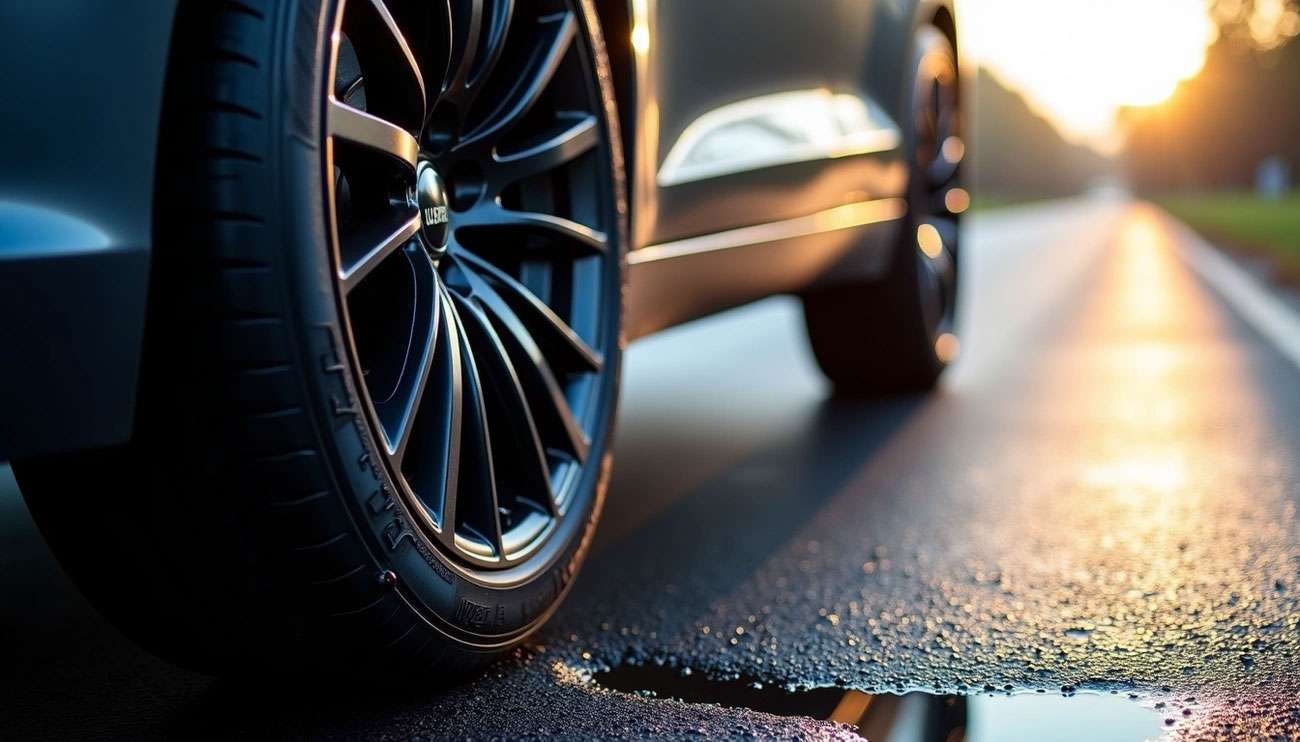 Close-up of Laufenn tire on road at sunset showing detailed tread pattern and performance capabilities