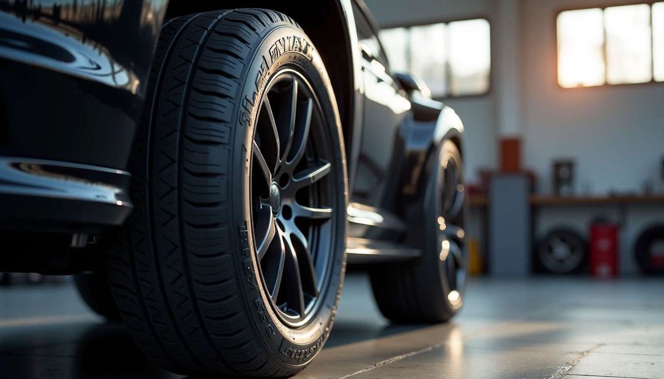 Close-up of Lexani tires mounted on a black car inside a sunlit garage or workshop