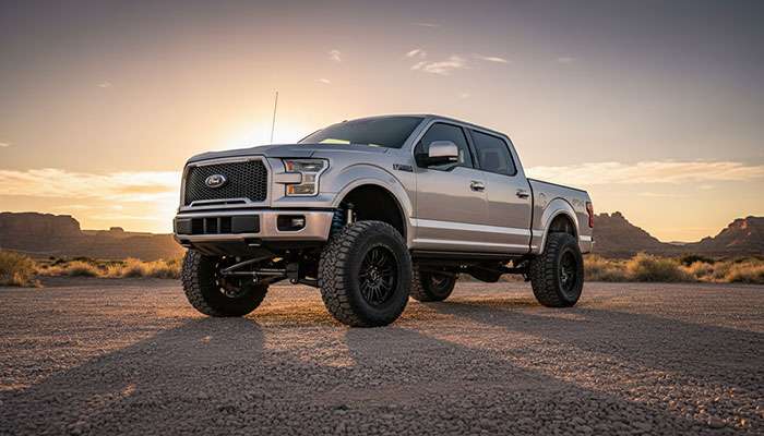 Lifted 2016 Ford F-150 with off-road tires and custom grille parked on gravel at sunset