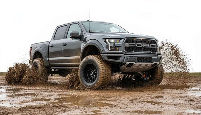 Lifted truck with large wheels navigating muddy, wet terrain in an outdoor setting