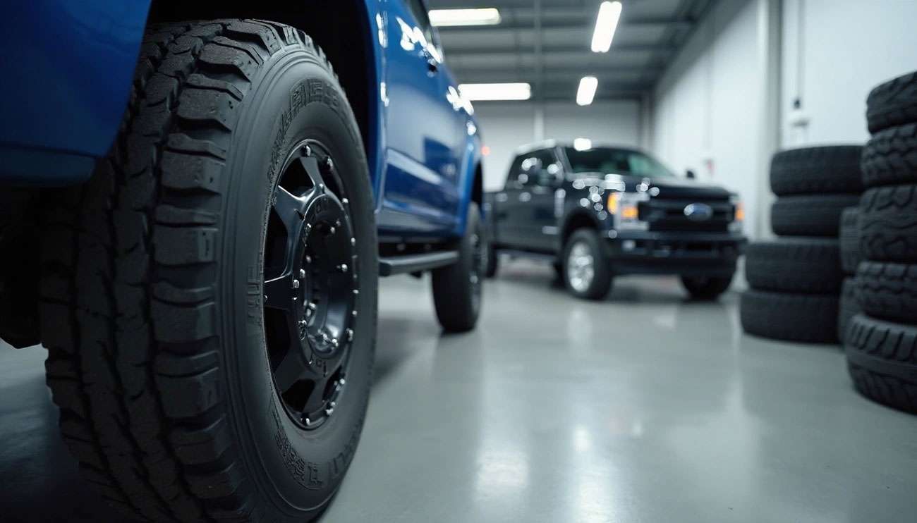 Close-up of a rugged tire on a blue truck inside a garage with another truck and stacked tires in the background