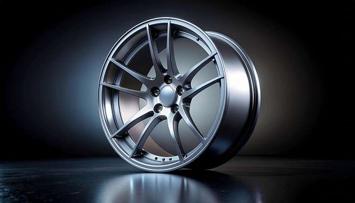 Lightweight magnesium alloy racing wheel on a display stand.