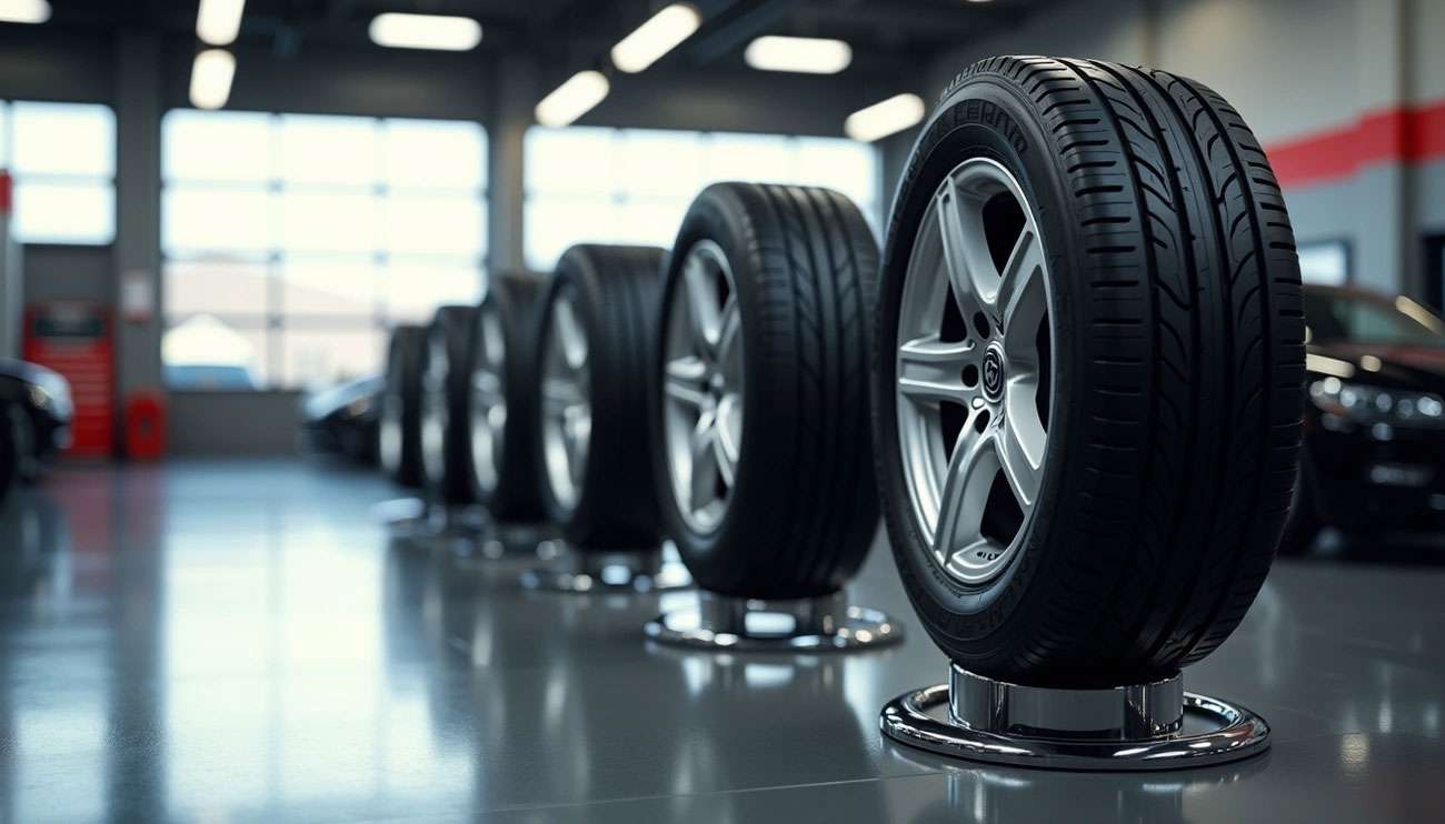 Row of new car tires with alloy rims displayed in a well-lit automotive showroom or garage