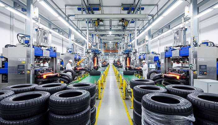 Tire manufacturing facility showing modern black tire production equipment and assembly line