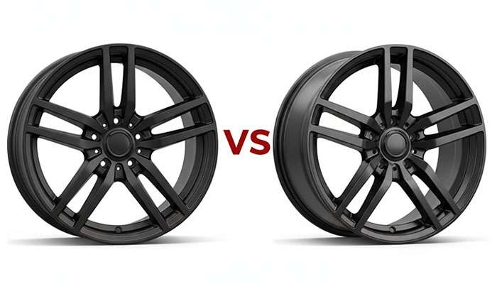Side-by-side comparison of matte black and gloss black car wheels showing finish differences and visual characteristics