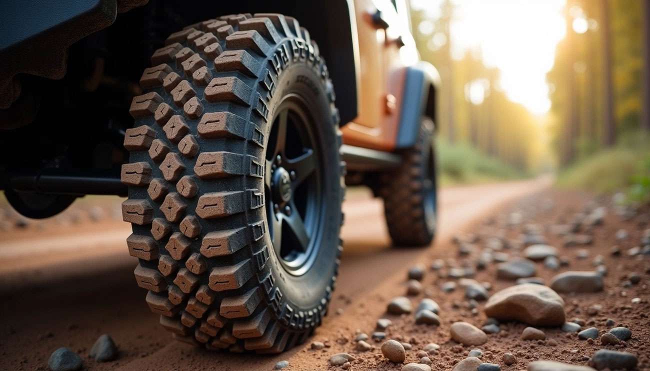 Close-up of a rugged Maxxis off-road tire on a vehicle driving on a rocky dirt trail at sunset