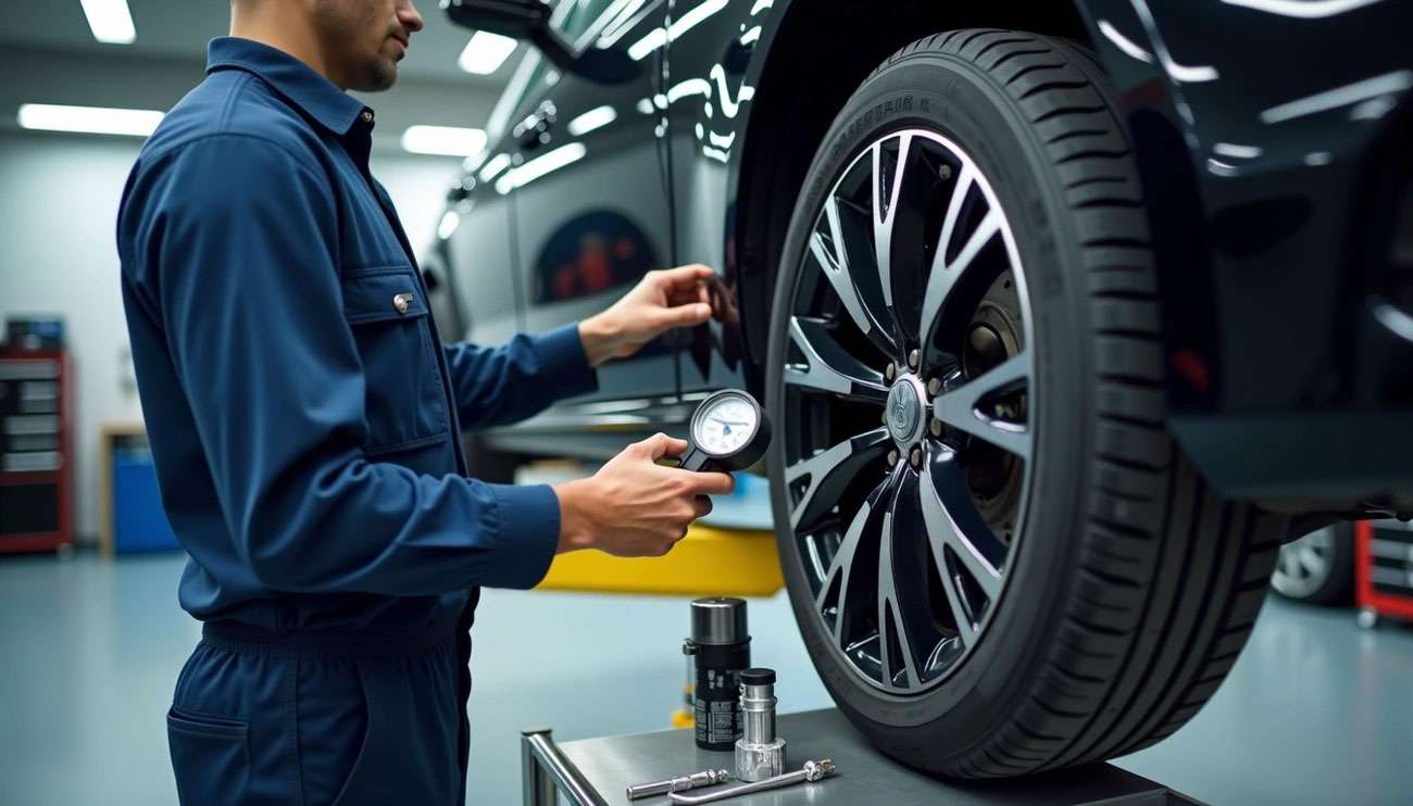 Mechanic in blue uniform checking tire pressure with a gage on a car lifted in a well-lit garage.