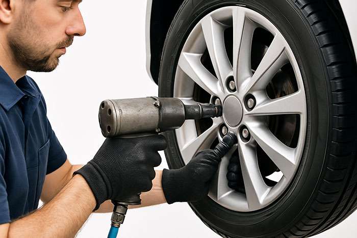Mechanic wearing gloves using an air impact wrench to install or remove a car tire on a silver alloy rim