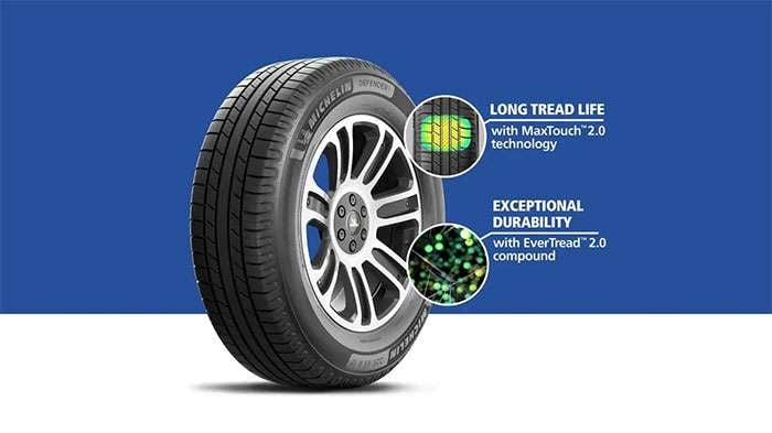 Michelin Defender2 tire showcasing long tread life with MaxTouch 2.0 and exceptional durability with EverTread 2.0 compound