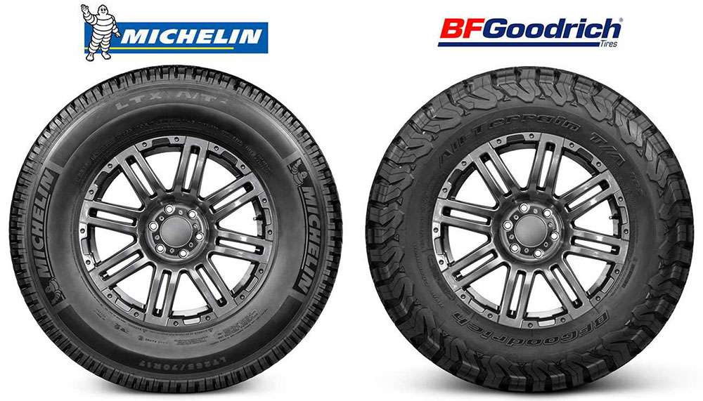Two rugged all-terrain tires, Michelin LTX AT2 and BFG KO2.